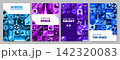 Universe galaxy space explore posters with mosaic geometric pattern of planets and stars. Space abstract purple shapes patterns with galaxy explore spaceship, rocket and satellite, moon and black hole 142320083