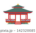 Traditional Japanese architecture, Japan travel and holiday icon. Vector pavilion with layered curved tiled roof, decorative railings and stone steps for tourism. Architectural traditional building 142320085