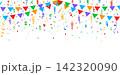 Carnival confetti paper ribbons and flags pennant garland, holiday birthday and anniversary party background. Cartoon color streamer confetti and carnival flag bunting decorations festive background 142320090