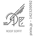 Home roof installation line icon or label. Cottage renovation symbol, roofing maintenance vector pictogram. Property construction company outline icon or roof repair sign 142320092