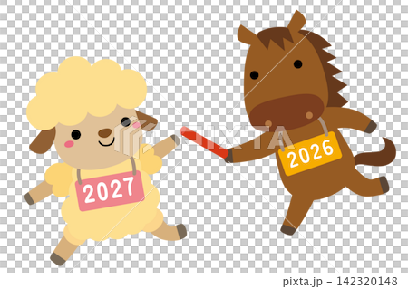 Illustration of the baton being passed from the Year of the Horse to the Year of the Goat in the Chinese zodiac / bib number Illustration of the baton being passed from the Year of the Horse to the Year of the Goat in the Chinese zodiac / bib number 142320148
