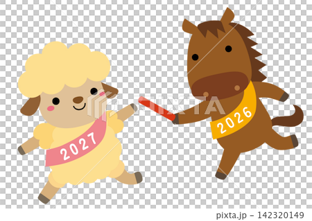 Illustration of the baton being passed from the Year of the Horse to the Year of the Goat in the Chinese zodiac / sash Illustration of the baton being passed from the Year of the Horse to the Year of the Goat in the Chinese zodiac / sash 142320149