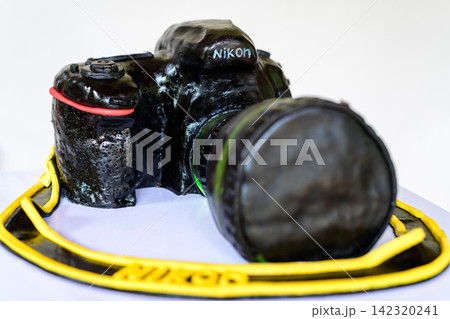 Camera-shaped birthday cake with realistic photography details Camera-shaped birthday cake with realistic photography details 142320241