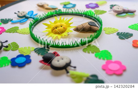 Colorful handmade nursery mobile with colorful felt animals, flowers, leaves, grass, and a smiling sun arranged on a white surface Colorful handmade nursery mobile with colorful felt animals, flowers, leaves, grass, and a smiling sun arranged on a white surface 142320284