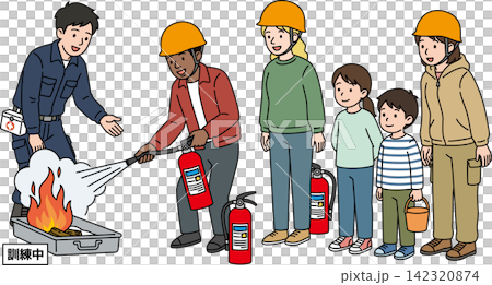 A disaster preparedness illustration of a family conducting fire extinguishing training with foreigners. A disaster preparedness illustration of a family conducting fire extinguishing training with foreigners. 142320874