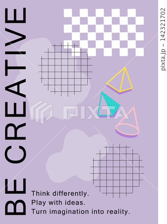 チェック柄と幾何学模様の「BE CREATIVE」ポスターイラスト(紫) チェック柄と幾何学模様の「BE CREATIVE」ポスターイラスト(紫) 142321702