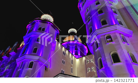 Bogatyr Hotel illuminated at night in Sochi Olympic Park, Russia Bogatyr Hotel illuminated at night in Sochi Olympic Park, Russia 142321771