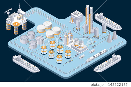 Isometric Oil and Gas Infrastructure with Offshore Platform, Refinery, Storage Tanks and Fuel Transportation 142322185