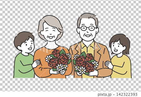 An illustration of a senior couple happily receiving a bouquet of flowers from their grandchild on Respect for the Aged Day. An illustration of a senior couple happily receiving a bouquet of flowers from their grandchild on Respect for the Aged Day. 142322393