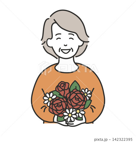 敬老の日にバラの花束を抱えて笑顔で喜ぶシニア女性のイラスト 敬老の日にバラの花束を抱えて笑顔で喜ぶシニア女性のイラスト 142322395