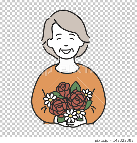 敬老の日にバラの花束を抱えて笑顔で喜ぶシニア女性のイラスト 敬老の日にバラの花束を抱えて笑顔で喜ぶシニア女性のイラスト 142322395