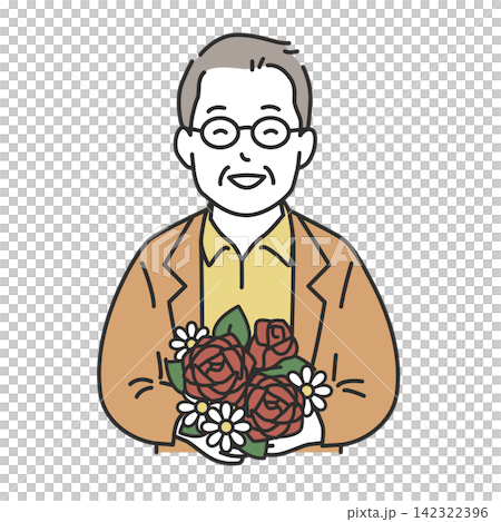 An illustration of a senior man smiling and happy, holding a bouquet of roses on Respect for the Aged Day. An illustration of a senior man smiling and happy, holding a bouquet of roses on Respect for the Aged Day. 142322396