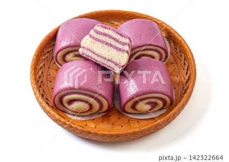 layered purple sweet potato swirl steamed buns huajuan in woven basket 142322664