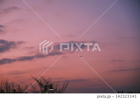 [伊丹スカイパーク]夕暮れ時の茜色の空へ！伊丹空港から飛び立つ飛行機！ 142323143
