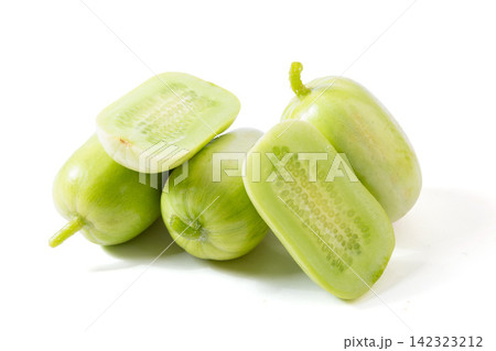 fresh Whole and Cut Light Green Apple Cucumber Isolated on White fresh Whole and Cut Light Green Apple Cucumber Isolated on White 142323212