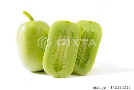 fresh Whole and Cut Light Green Apple Cucumber Isolated on White fresh Whole and Cut Light Green Apple Cucumber Isolated on White 142323215