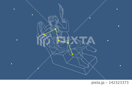 星空に浮かぶカシオペア座のカラー線画イラスト（星座絵と星座線） 142323373