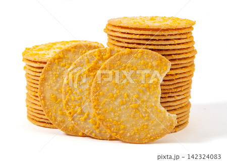 stack of Thin Crispy Potato Egg Yolk Biscuits 142324083
