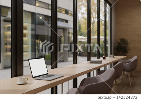 Laptop Blank Screen Mockup on Wooden Bar Counter by Window in Modern Cafe Office Laptop Blank Screen Mockup on Wooden Bar Counter by Window in Modern Cafe Office 142324872