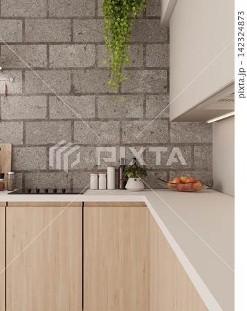 Modern Kitchen Countertop with Wooden Cabinets Granite Brick Wall and Plants Modern Kitchen Countertop with Wooden Cabinets Granite Brick Wall and Plants 142324873