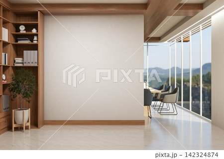Modern Office Interior with Blank Wall Mockup Wooden Bookshelf and Mountain View 142324874