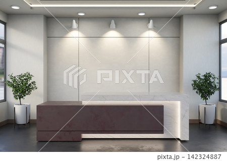 Modern Reception Desk with Marble Counter and Spotlight Wall in Office Lobby 142324887
