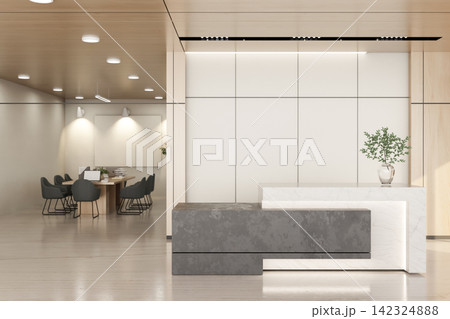 Modern Office Reception Desk and Conference Room with Blank Wall Background Modern Office Reception Desk and Conference Room with Blank Wall Background 142324888