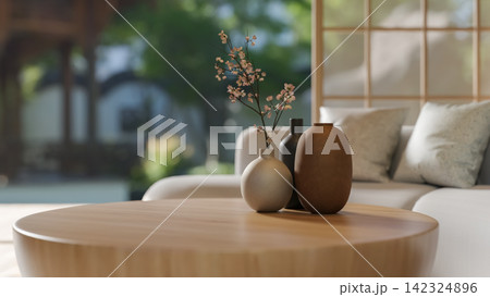 Wooden Coffee Table Top Mockup with Ceramic Vases and Japanese Interior Blur 142324896