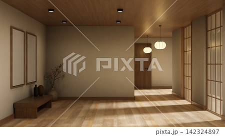Japandi Hallway Interior with Blank Frames Mockup Wooden Bench and Lantern Lamps 142324897