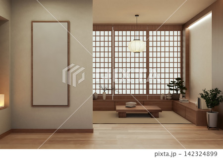 Japanese Zen Room Interior with Blank Vertical Frame Mockup and Shoji Screen Japanese Zen Room Interior with Blank Vertical Frame Mockup and Shoji Screen 142324899