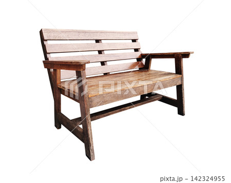 A side view of a long wooden bench with separate armrests, against a white background. 142324955