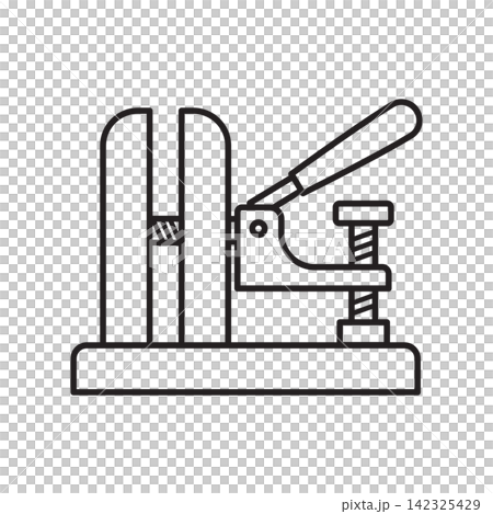 Minimalist line art icon of a tabletop stitching pony clamp for securing leather during hand sewing. 142325429