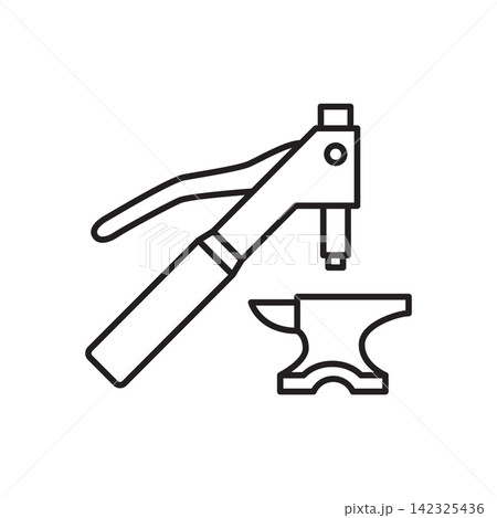 Minimalist line art icon of a rivet setter tool paired with a mini steel anvil base. Minimalist line art icon of a rivet setter tool paired with a mini steel anvil base. 142325436