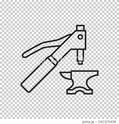 Minimalist line art icon of a rivet setter tool paired with a mini steel anvil base. Minimalist line art icon of a rivet setter tool paired with a mini steel anvil base. 142325436