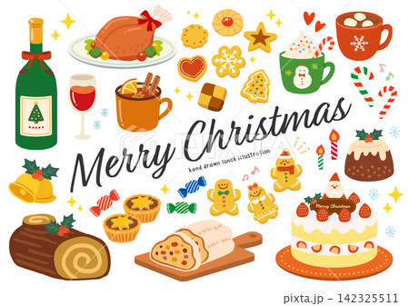 クリスマスケーキや料理のイラストセット 142325511