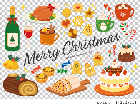 クリスマスケーキや料理のイラストセット 142325511