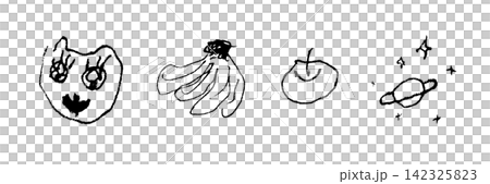 A set of monochrome hand-drawn line art featuring cats, fruit, and space. A set of monochrome hand-drawn line art featuring cats, fruit, and space. 142325823