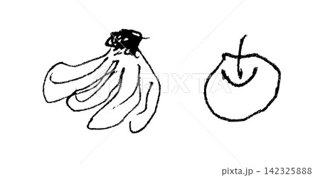 バナナとりんごのモノクロ手描き線画セット バナナとりんごのモノクロ手描き線画セット 142325888