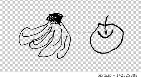 バナナとりんごのモノクロ手描き線画セット バナナとりんごのモノクロ手描き線画セット 142325888