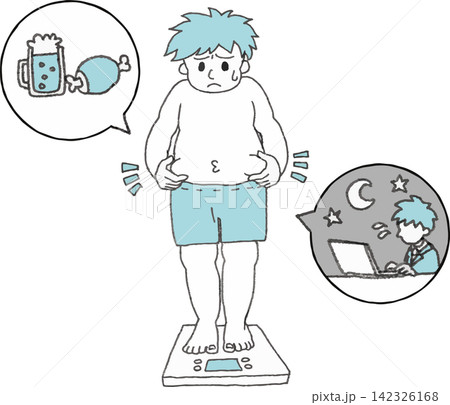 体重計に乗る肥満男性と太る原因のイラスト(メタボ・生活習慣病・過労・2色・ベクター) 体重計に乗る肥満男性と太る原因のイラスト(メタボ・生活習慣病・過労・2色・ベクター) 142326168