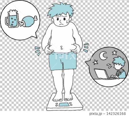 体重計に乗る肥満男性と太る原因のイラスト(メタボ・生活習慣病・過労・2色・ベクター) 体重計に乗る肥満男性と太る原因のイラスト(メタボ・生活習慣病・過労・2色・ベクター) 142326168