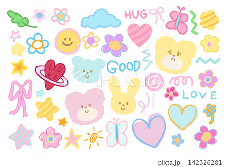 Cute pastel vectors of teddy bear, bunny, flowers, ribbon, candy, cloud, heart, star, leaf for zoo, stickers, cartoon, characters, comic, animal expression, floral print, nature, garden, patch, brooch 142326281