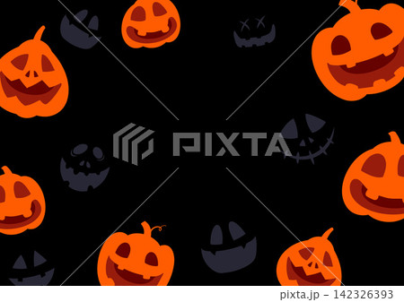 Halloween border frame creepy orange pumpkin scary face black background template copy space banner design. Halloween border frame creepy orange pumpkin scary face black background template copy space banner design. 142326393