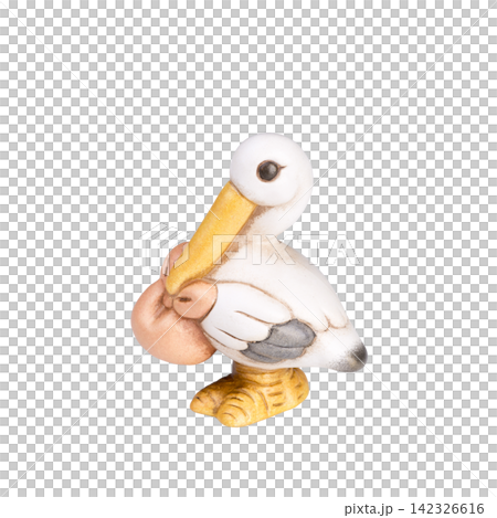 A ceramic figurine of a white stork carrying a baby bundle in its beak stands A ceramic figurine of a white stork carrying a baby bundle in its beak stands 142326616