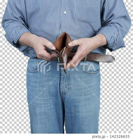A person in jeans and a blue striped shirt is holding an open, empty brown wallet. 142326635