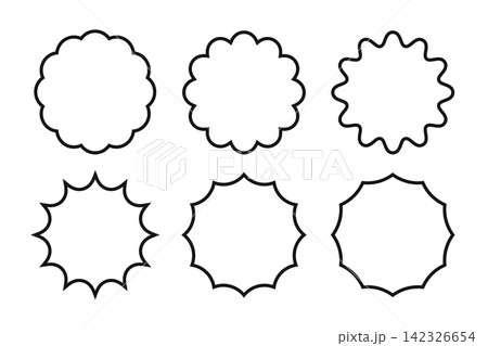 Round shapes with scalloped and jagged borders. Wavy circle forms. Sun or flower silhouettes. Empty circular labels, tags or quality marks isolated on white background. Vector graphic illustration Round shapes with scalloped and jagged borders. Wavy circle forms. Sun or flower silhouettes. Empty circular labels, tags or quality marks isolated on white background. Vector graphic illustration 142326654