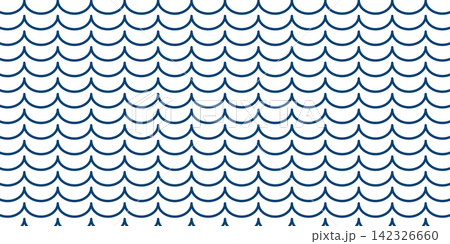 Repeated horizontal blue wavy lines isolated on white background. Scalloped ornament. Sea or ocean water texture. Simple summer abstract print. Aqua background. Vector flat illustration Repeated horizontal blue wavy lines isolated on white background. Scalloped ornament. Sea or ocean water texture. Simple summer abstract print. Aqua background. Vector flat illustration 142326660