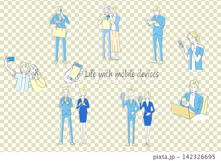 モバイル端末を操作する人 イラストセット モバイル端末を操作する人 イラストセット 142326695