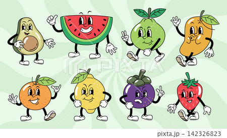 Fruit. Retro rubber hose style cartoon characters set, featuring a walking avocado, watermelon slice, guava, mango, orange, lemon, mangosteen, and strawberry on a green sunburst background. Vector. 142326823
