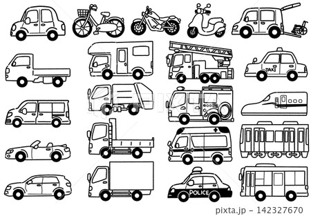 色々な車の側面のモノクロイラストセット シンプルな手描きの車イラストアイコン 挿絵に使える車イラスト 色々な車の側面のモノクロイラストセット シンプルな手描きの車イラストアイコン 挿絵に使える車イラスト 142327670